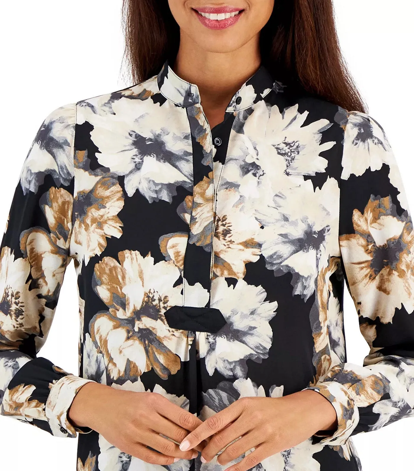 AK Women's Long-Sleeve Printed Poet Blouse Anne Black/Crema