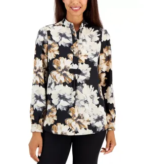 AK Women's Long-Sleeve Printed Poet Blouse Anne Black/Crema