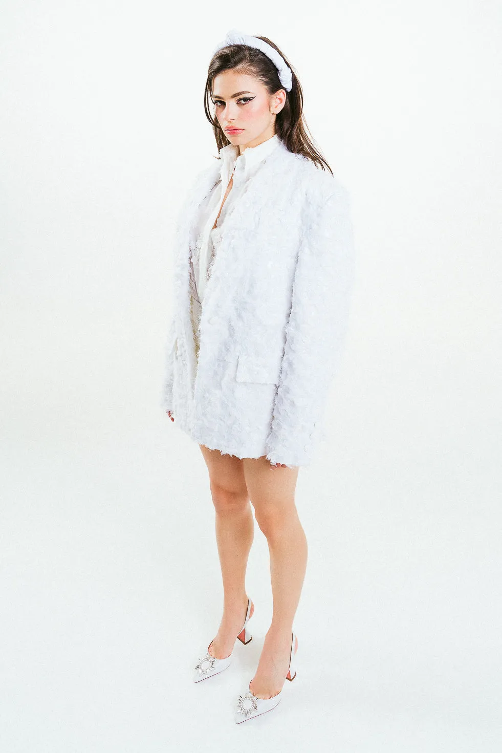 'AMINA' 3D Bouclé Sequined Oersized White Blazer