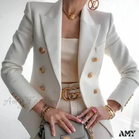 Amy Fashion - Double-breasted Jacket Commuter White Blazer