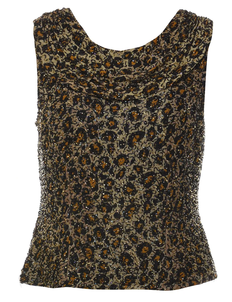 Animal Print Beaded Silk Party Top - M