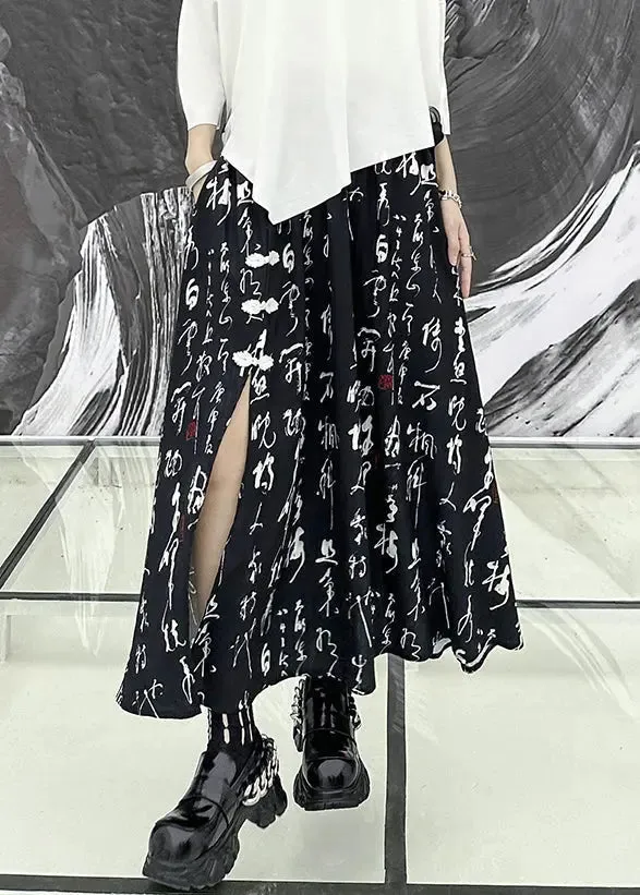 Beautiful Black Print Side Open Wrinkled Patchwork Cotton Skirts Summer LY9027