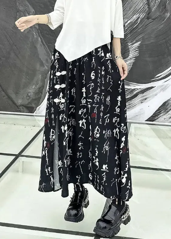 Beautiful Black Print Side Open Wrinkled Patchwork Cotton Skirts Summer LY9027