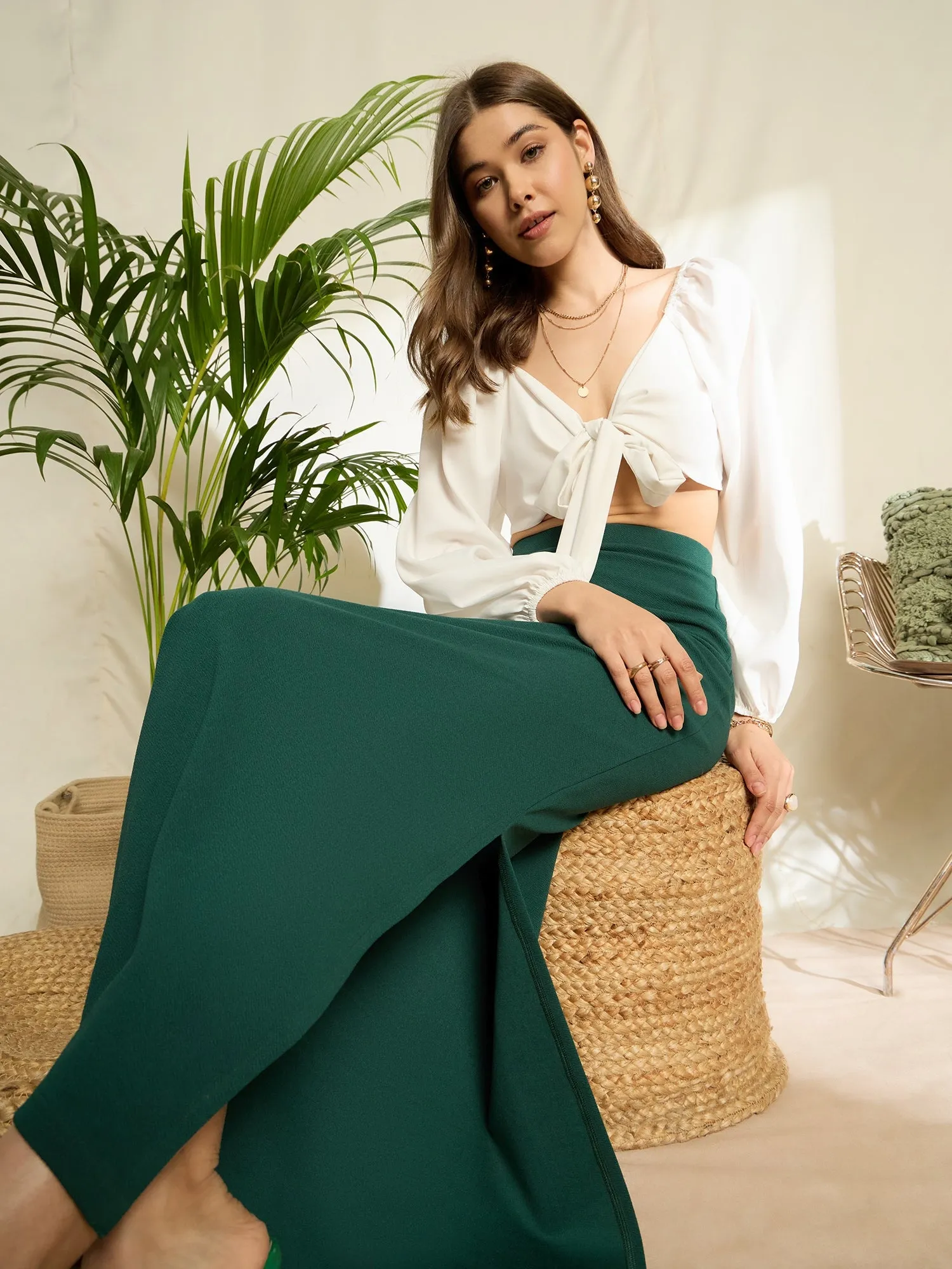 Berrylush Women Solid Green High-Rise Waist Thigh-High Slit Slip-On Straight Hem Pencil Maxi Skirt