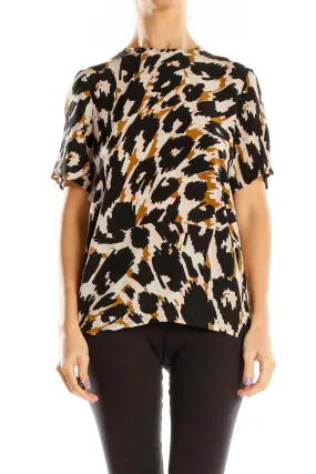 Black and Beige Animal Print Silk Top