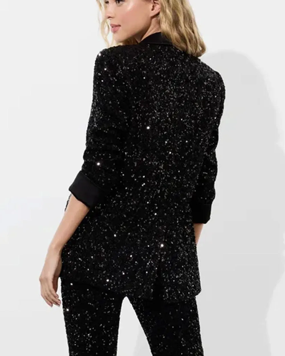 Black Justin Sequin Combo Rolled Cuff Blazer