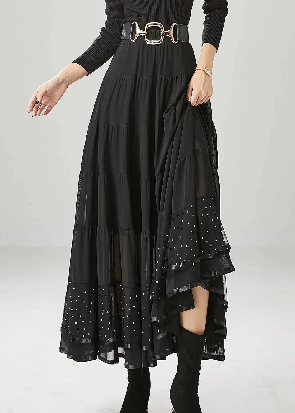 Black Patchwork Chiffon Skirts Exra Large Hem Wrinkled Fall ML1229