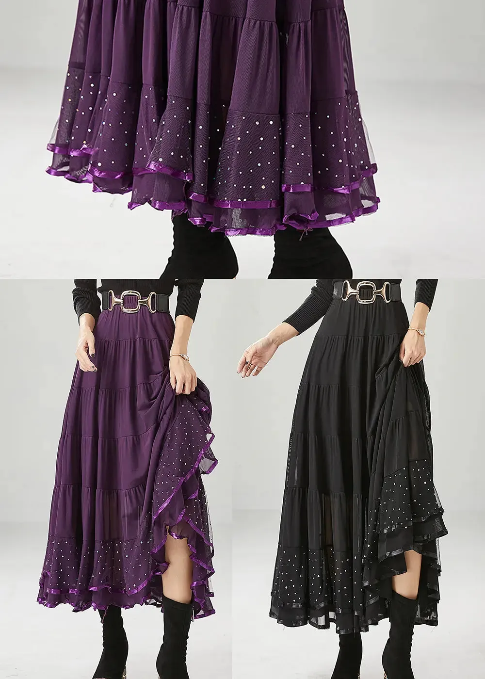 Black Patchwork Chiffon Skirts Exra Large Hem Wrinkled Fall ML1229