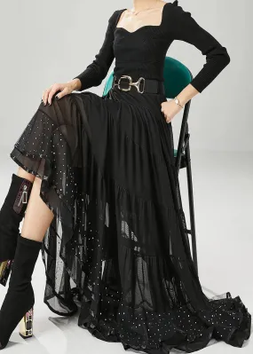 Black Patchwork Chiffon Skirts Exra Large Hem Wrinkled Fall ML1229