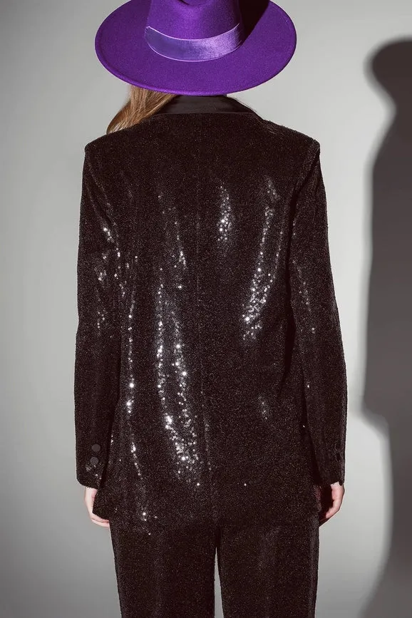 Black Sequin Tuxedo Blazer with Satin Lapels