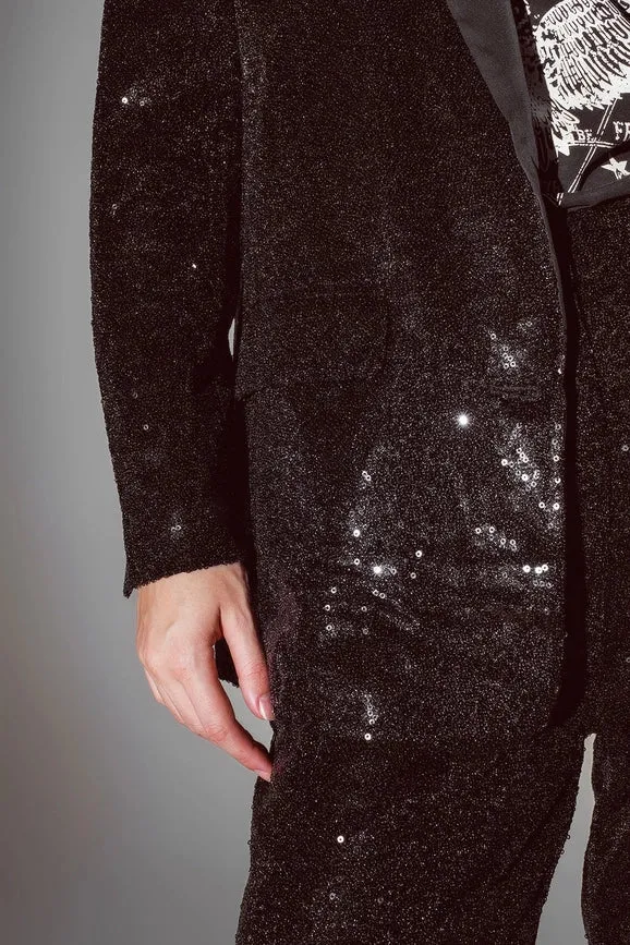 Black Sequin Tuxedo Blazer with Satin Lapels