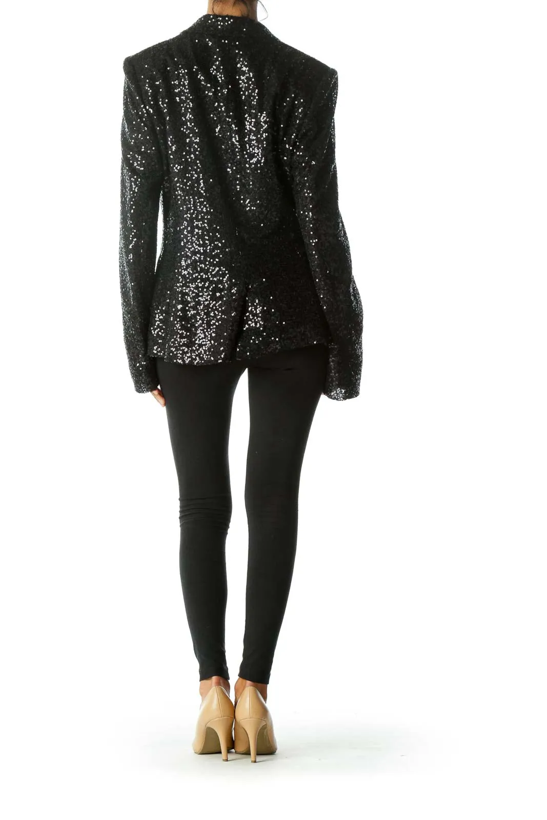 Black Sequined Body Collared Padded Shoulders Blazer