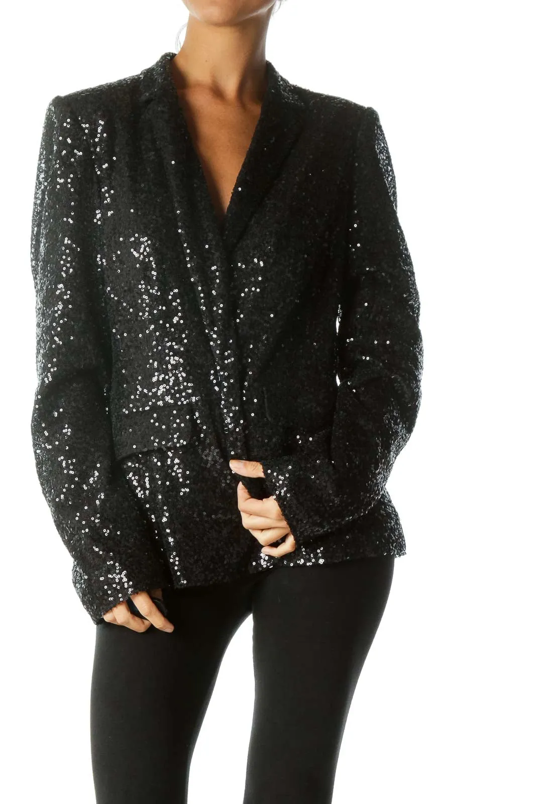 Black Sequined Body Collared Padded Shoulders Blazer