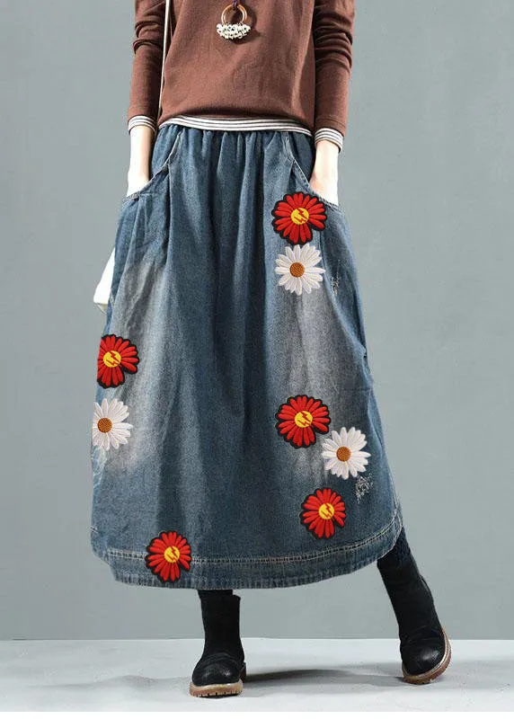 Blue-Diamond Pockets Retro Patchwork Skirts Denim