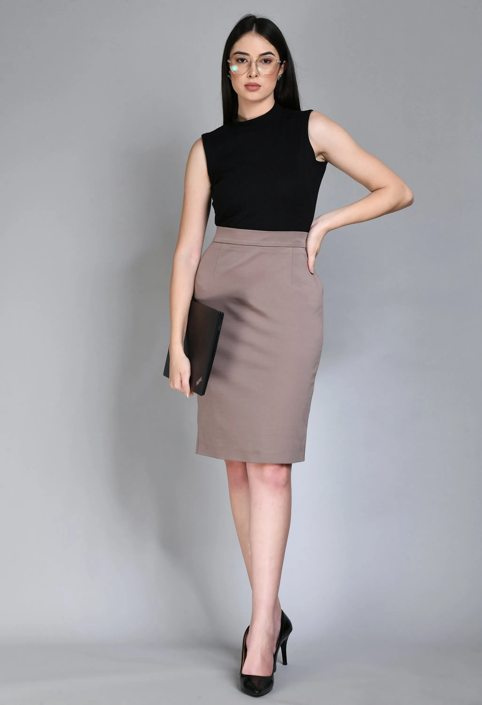 Camel Beige Leadership Solid Stretch Pencil Skirt