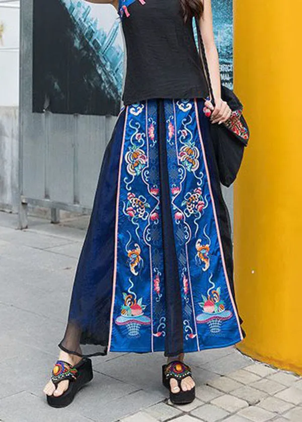 Chinese Style Black Patchwork Embroideried Chiffon Skirts Spring