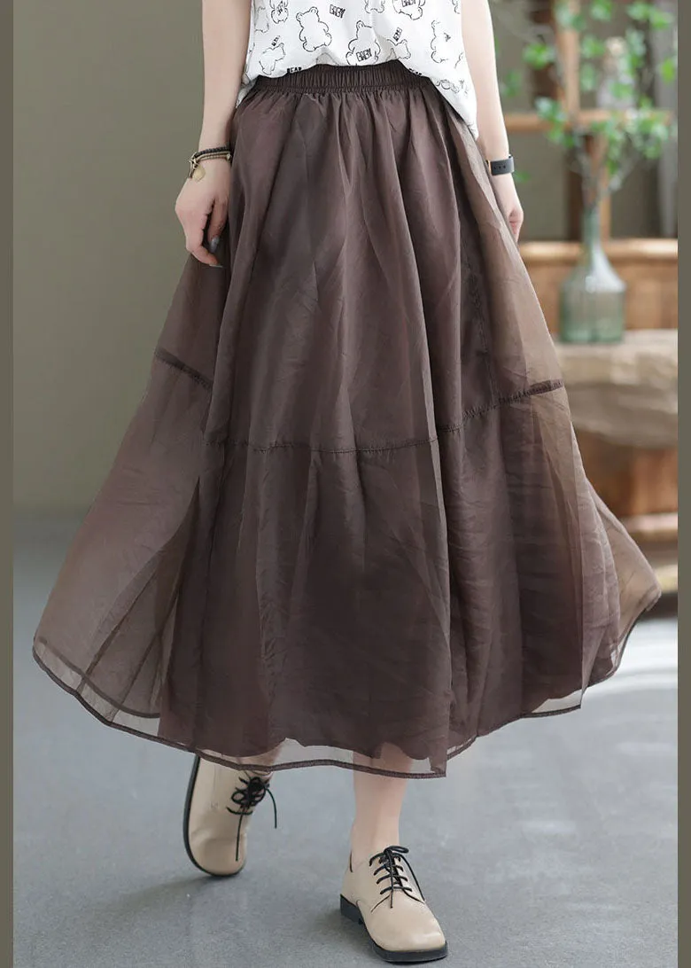 Chocolate Patchwork Organza A Line Skirts Elastic Waist Spring TG1035