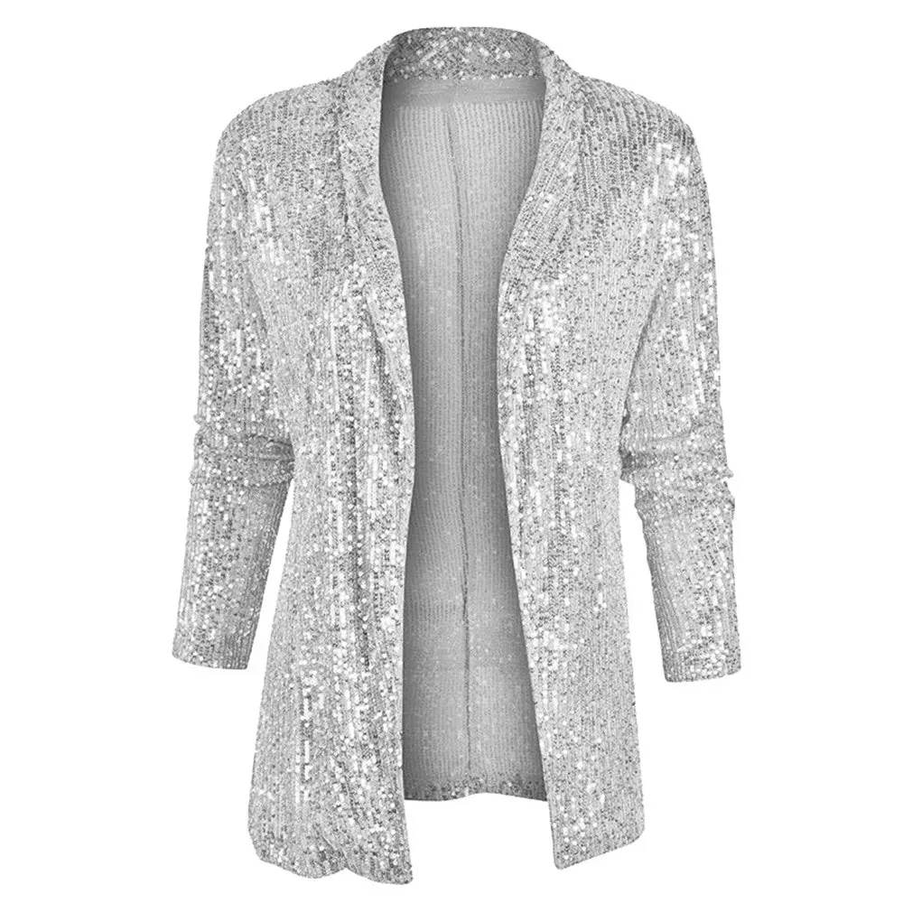 christmas outfit Joskaa Spring New Sequined Long Sleeve Mid-Length Blazer Jacket Suit Polo Collar Solid Color Coat Women Fashion Sexy Blazers