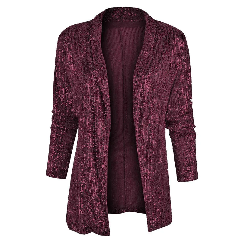 christmas outfit Joskaa Spring New Sequined Long Sleeve Mid-Length Blazer Jacket Suit Polo Collar Solid Color Coat Women Fashion Sexy Blazers