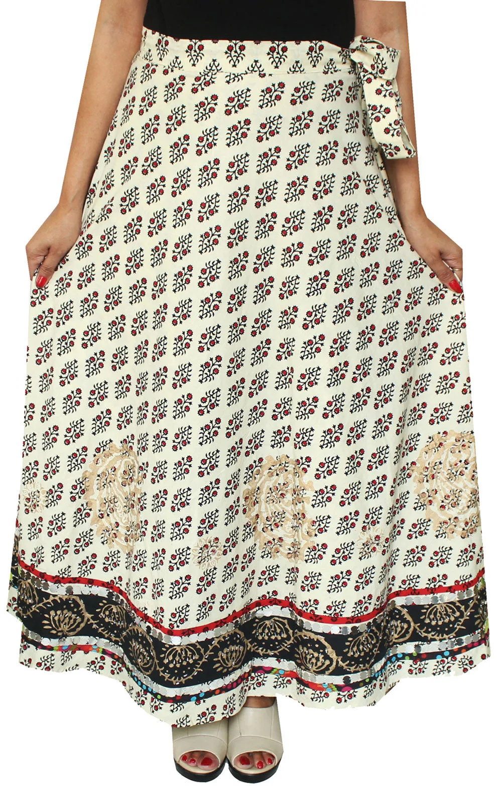 Cotton Printed Indian Long Wrap Around Maxi Beads Clothes (Off-White)