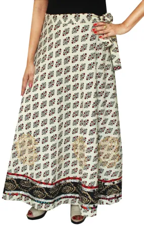 Cotton Printed Indian Long Wrap Around Maxi Beads Clothes (Off-White)