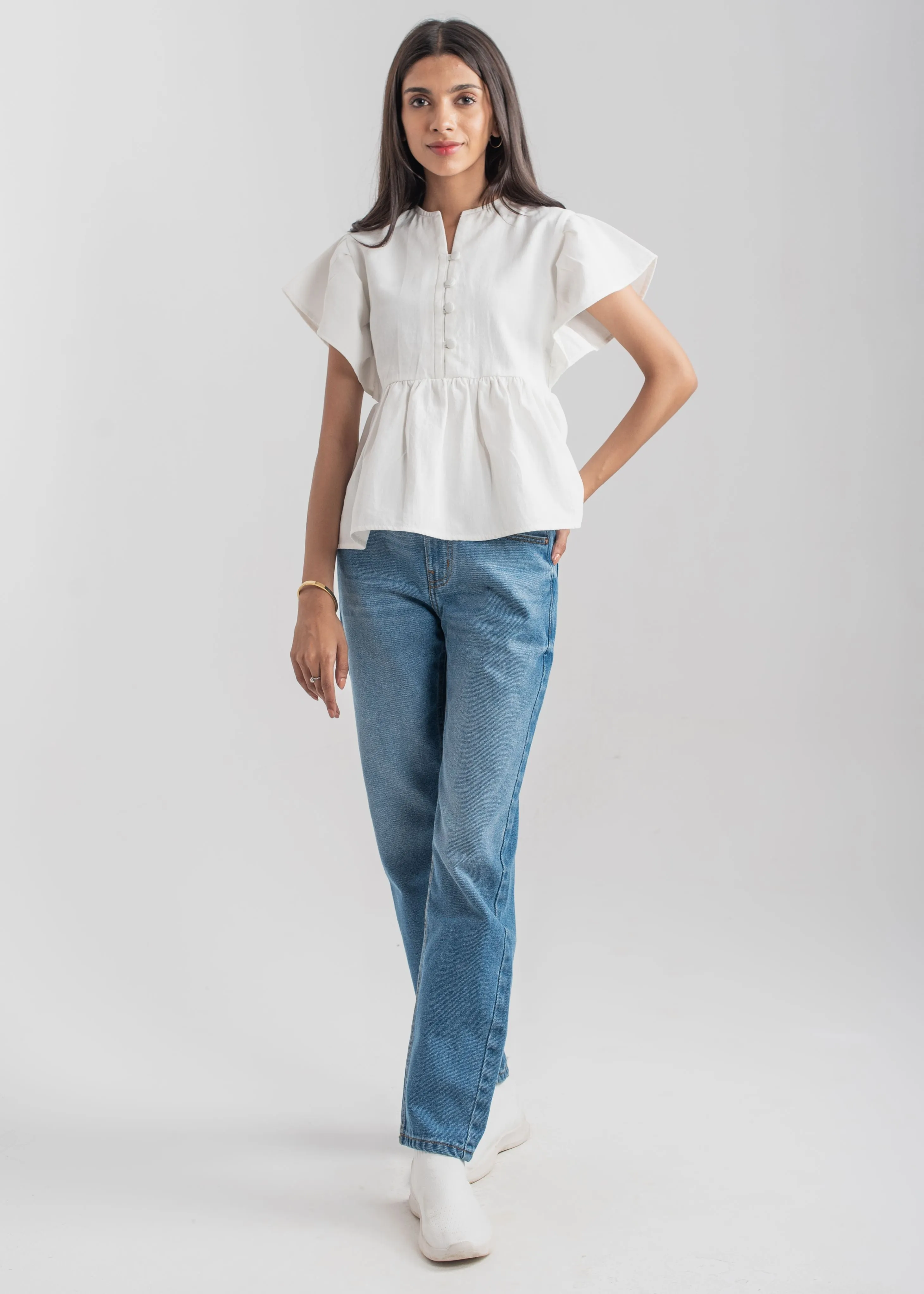 Denim Peplum Top - White