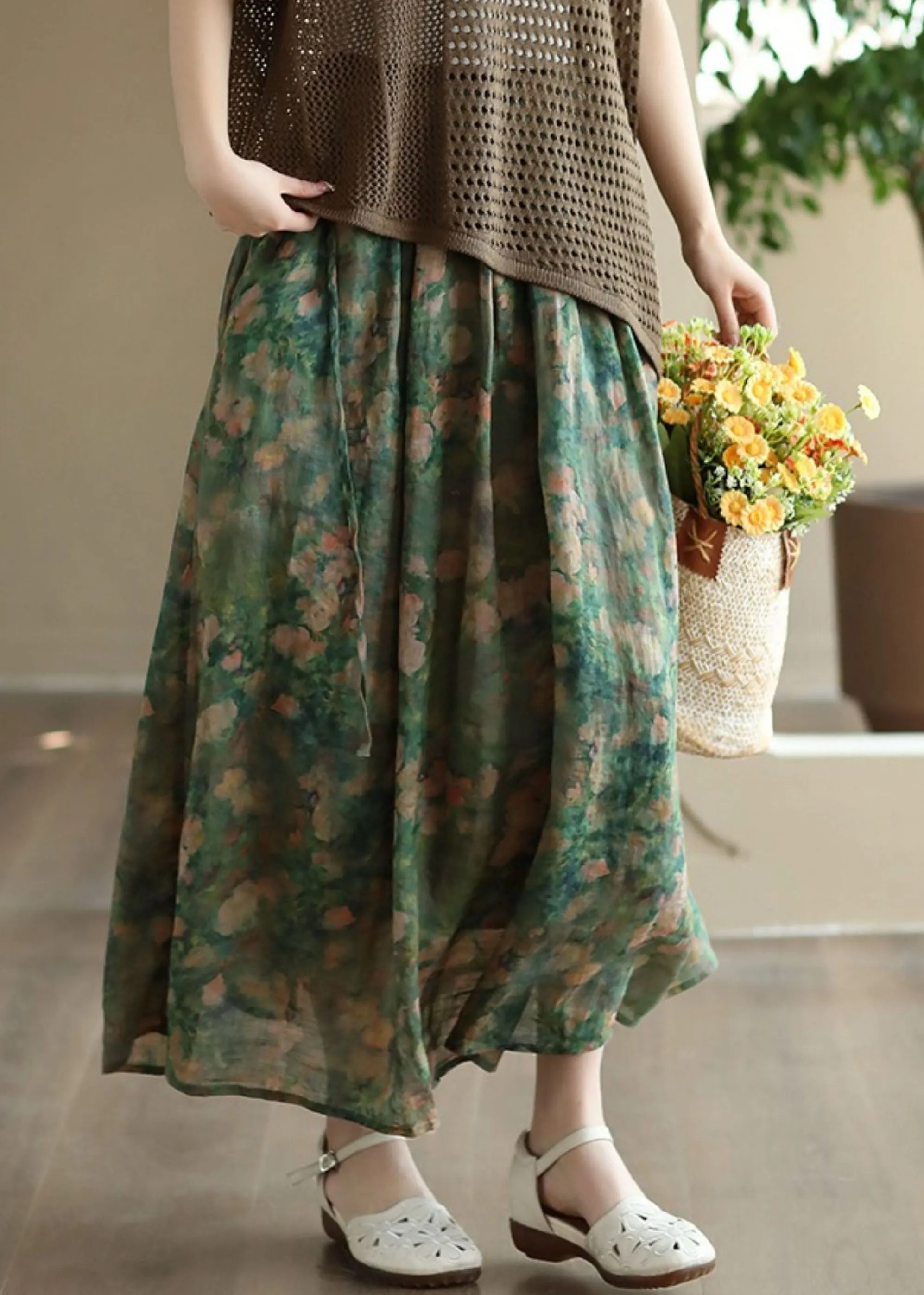 Elegant Green Wrinkled Pockets Patchwork Linen Skirts Summer LY7810