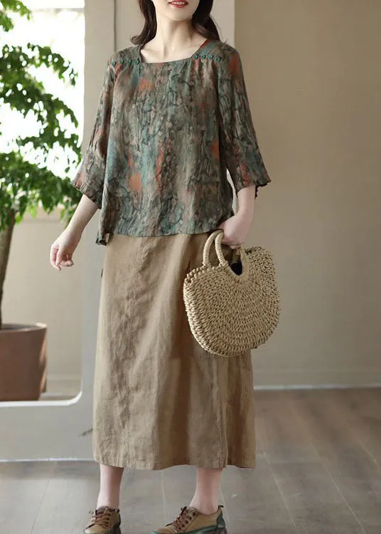 Elegant Khaki Pockets Patchwork Cotton A Line Skirts Summer LY5046