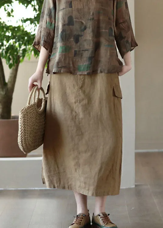 Elegant Khaki Pockets Patchwork Cotton A Line Skirts Summer LY5046