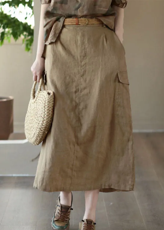 Elegant Khaki Pockets Patchwork Cotton A Line Skirts Summer LY5046