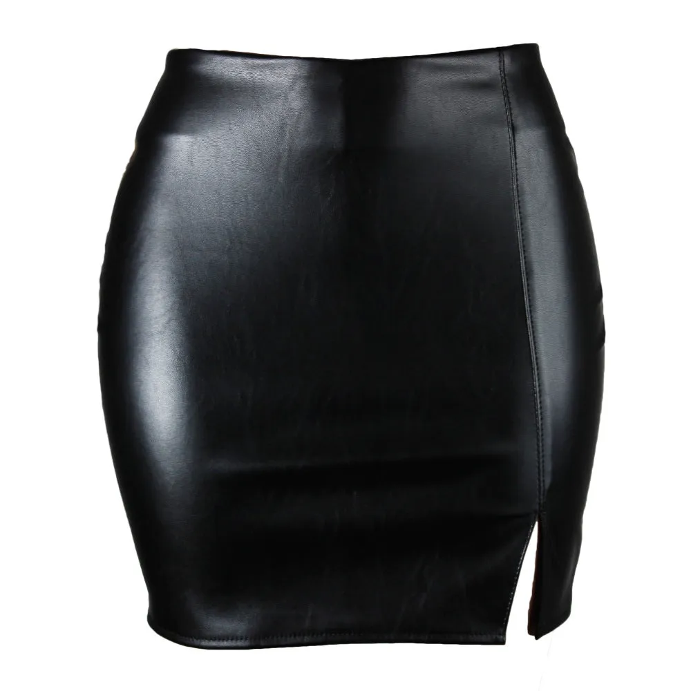 Europe Women High Waist Pencil Skirt Nightclubs PU Zipper Sexy Black Skirt