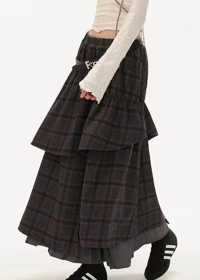 Fashion Grey Plaid False Two Pieces Patchwork Cotton Skirts Fall WP047