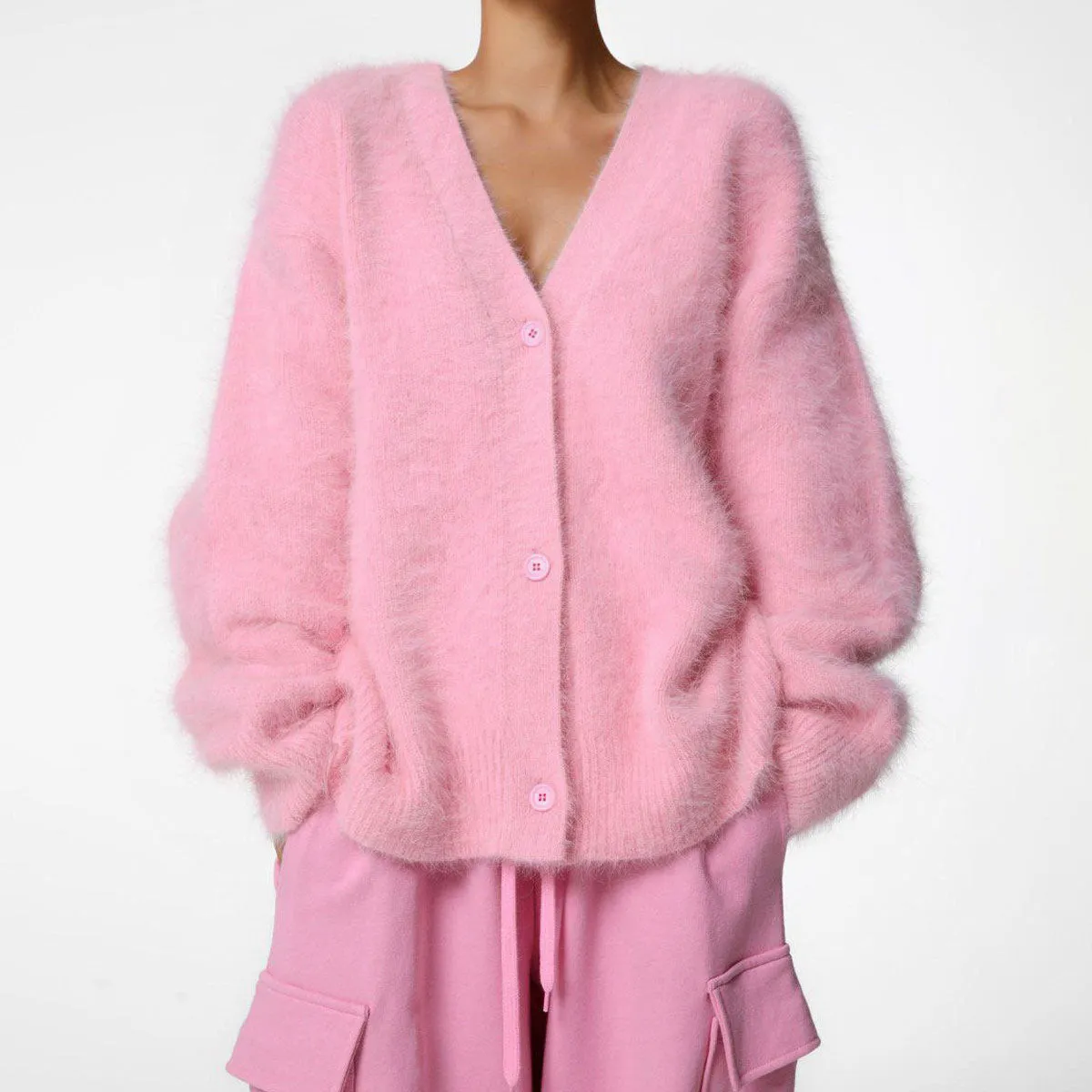 Fluffy V Neck Button Front Long Sleeve Solid Color Oversized Knit Cardigan