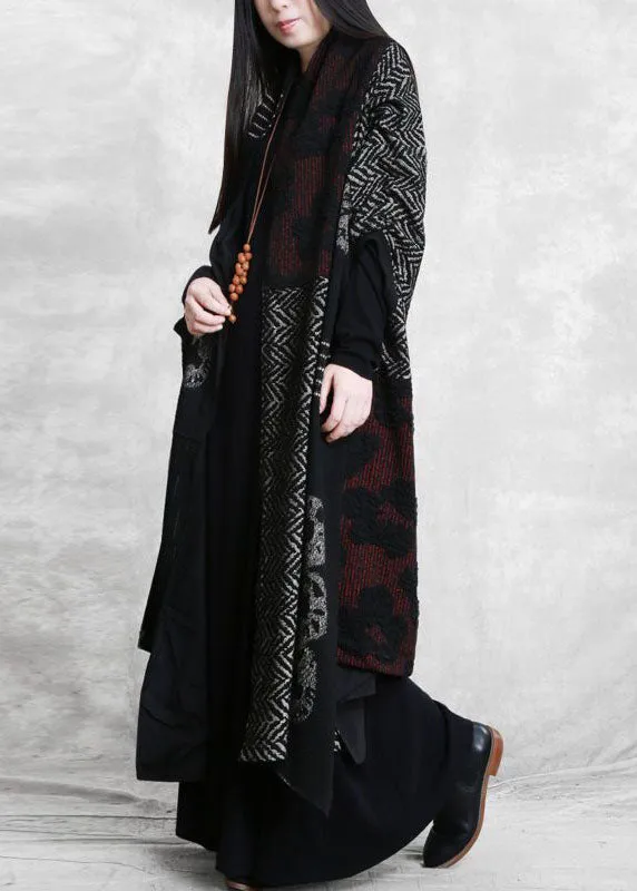 French Black Oversized Patchwork Print Cotton Loose Cardigan Batwing Sleeve