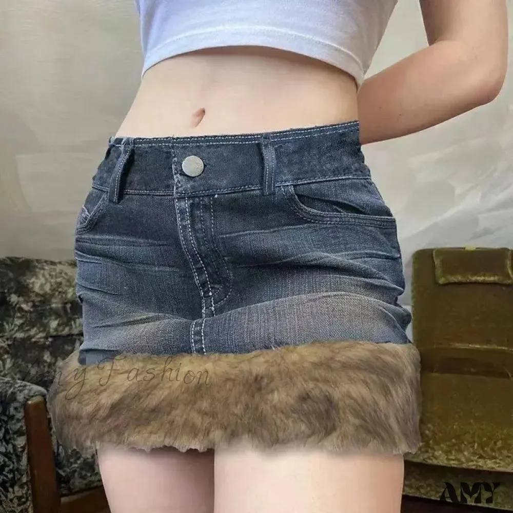 Fur Patchwork American Retro Sexy High Waist Mini Y2K Casual Streetwear A-Line Skirt