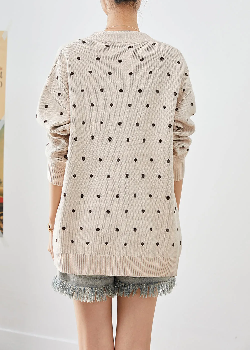 Handmade Beige Oversized Cartoon Print Knit Cardigan Fall