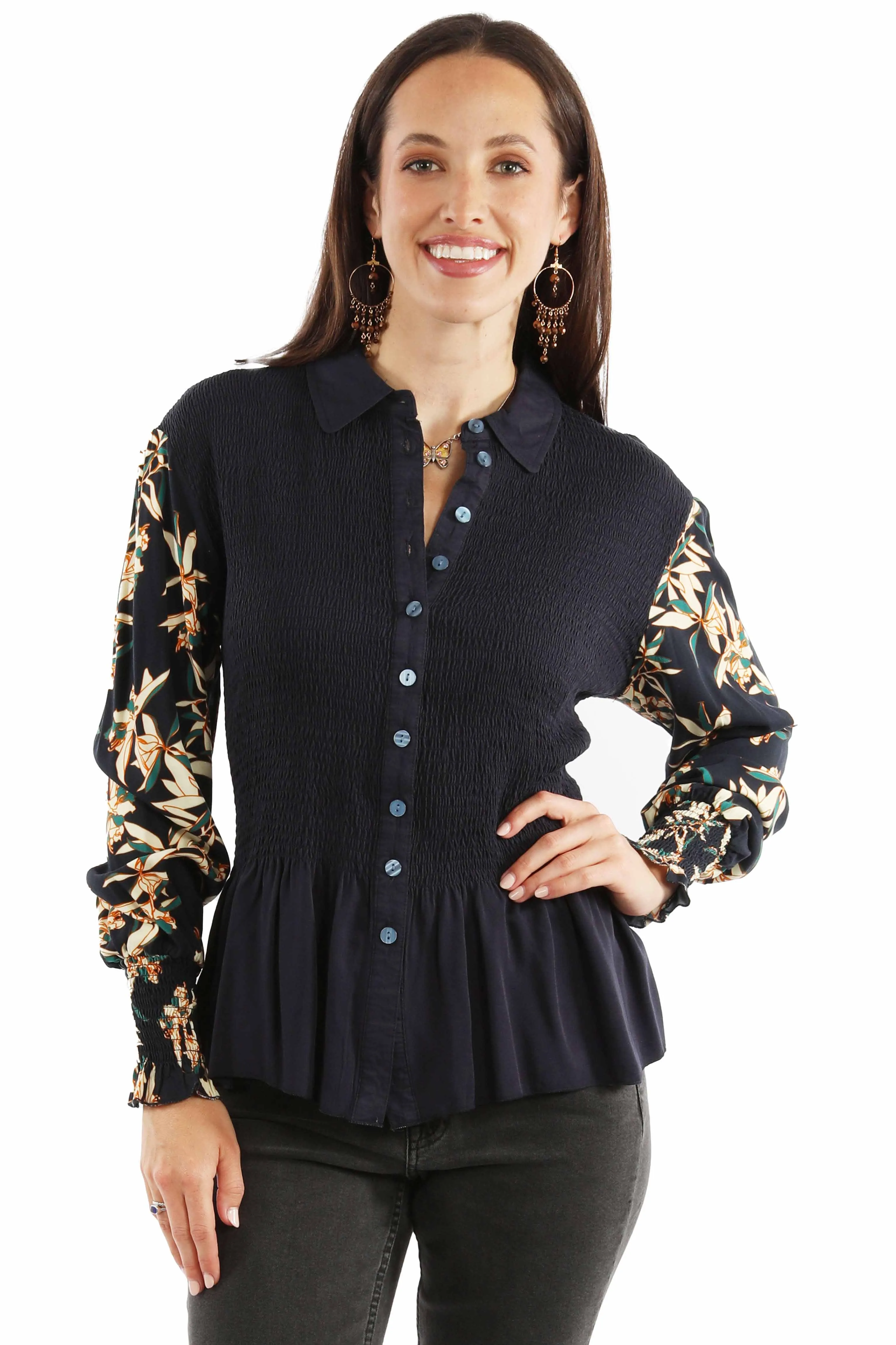 Honey creek navy peplum blouse smocked bodice