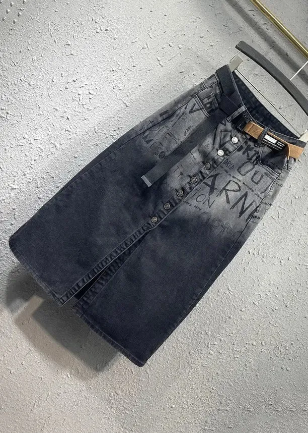 Italian Black Graphic Pockets Front Open Patchwork Denim Skirts Fall ML0751