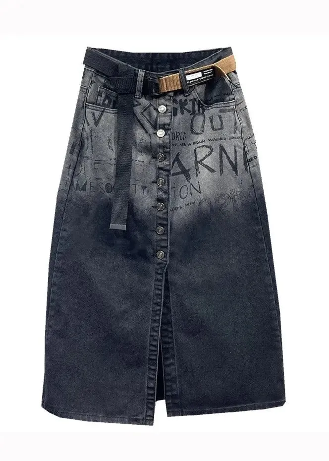 Italian Black Graphic Pockets Front Open Patchwork Denim Skirts Fall ML0751