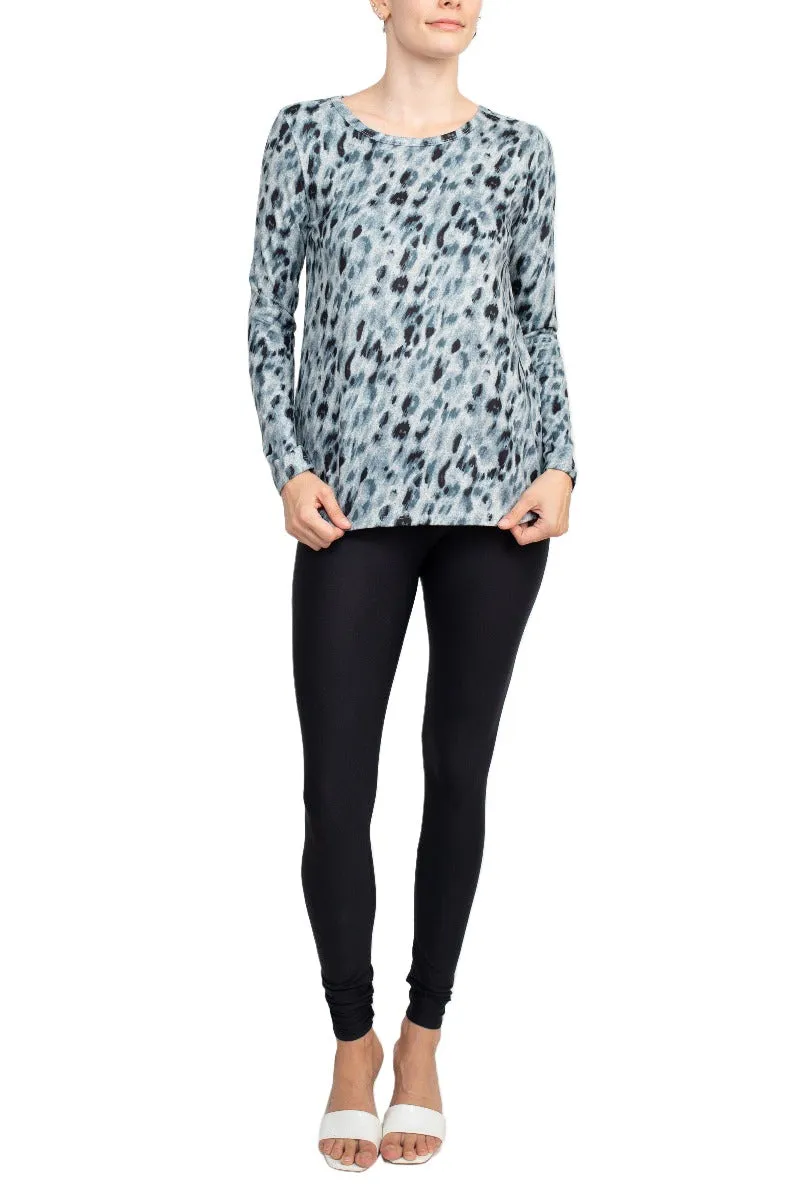 Joan Vass NY Boat Neck Long Sleeve High-Low Hem Animal Print Jersey Top