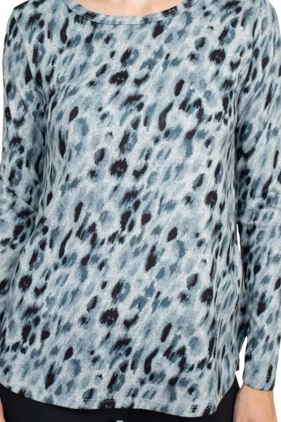 Joan Vass NY Boat Neck Long Sleeve High-Low Hem Animal Print Jersey Top