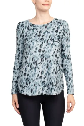 Joan Vass NY Boat Neck Long Sleeve High-Low Hem Animal Print Jersey Top