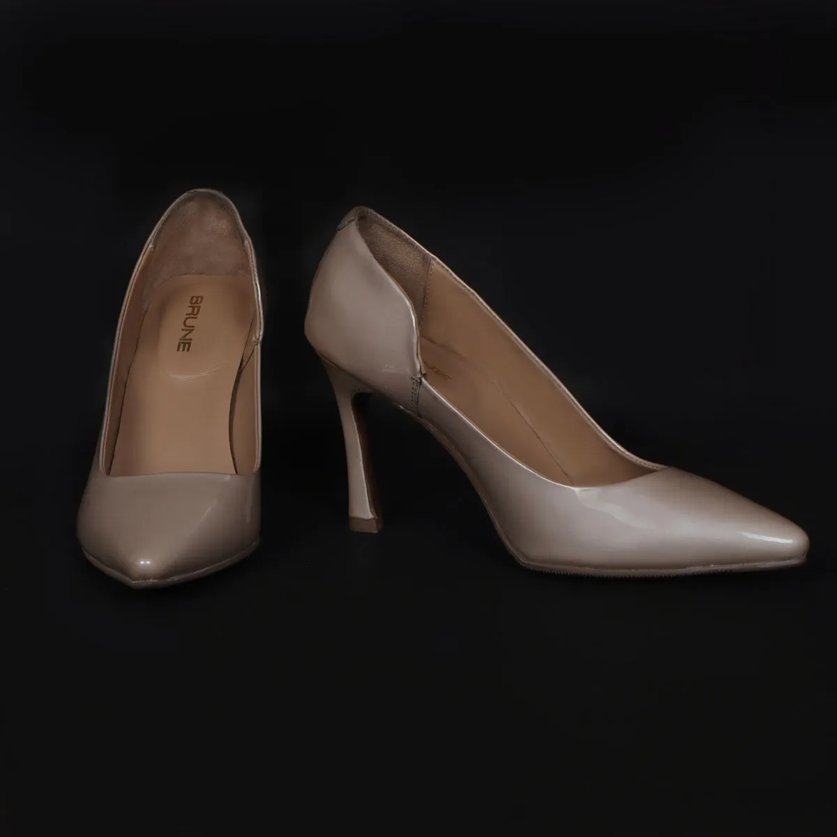 Luxurious Patent Leather Pointed Toe Ladies Formal Beige Stiletto Pencil Heel By Brune & Bareskin