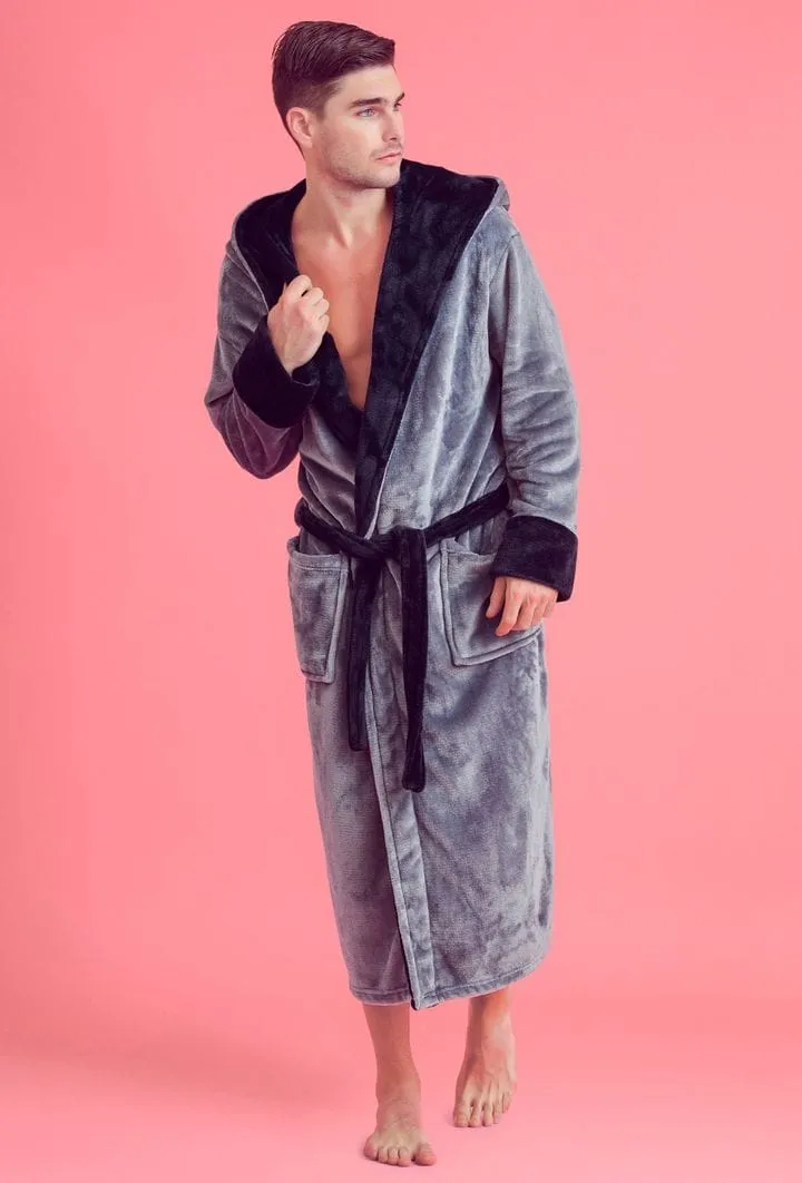 Men Plush Shawl Collar Robe, Fluffy Spa Robes, Winter Warm House & Hotel Robes (Gray & Black)