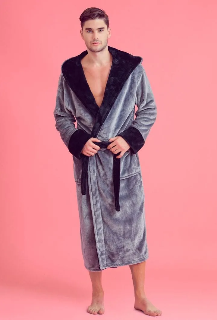 Men Plush Shawl Collar Robe, Fluffy Spa Robes, Winter Warm House & Hotel Robes (Gray & Black)