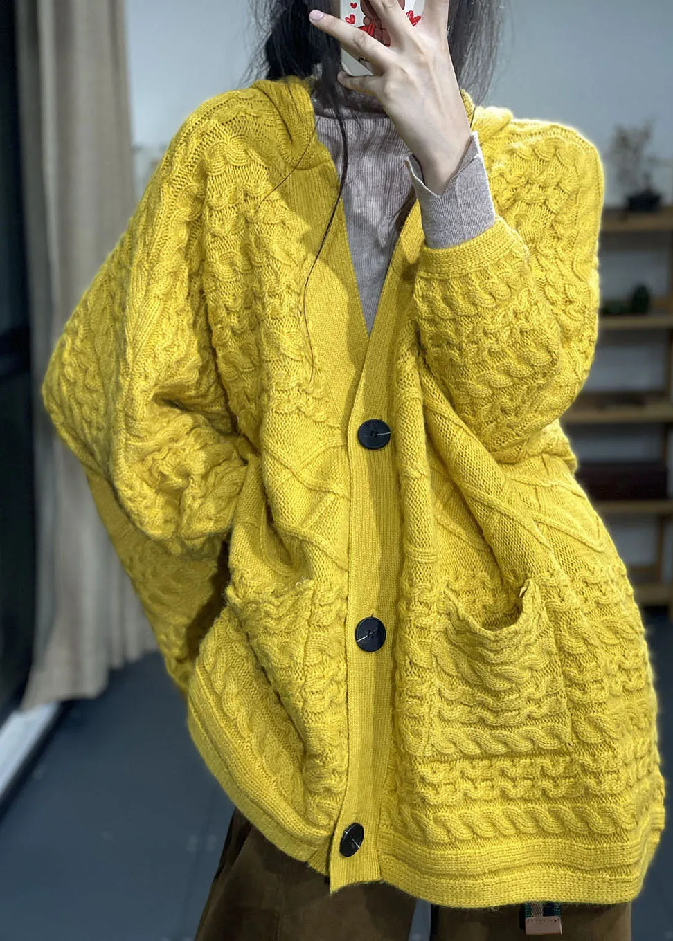 Modern Yellow Oversized Pockets Rabbit Hair Knit Cardigans Winter