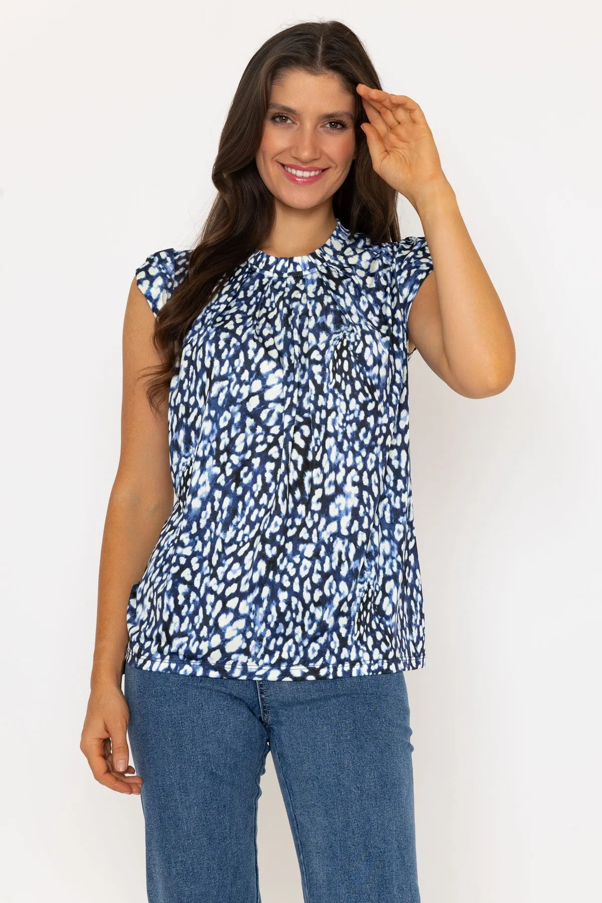 Navy Animal Print Round Neck Top