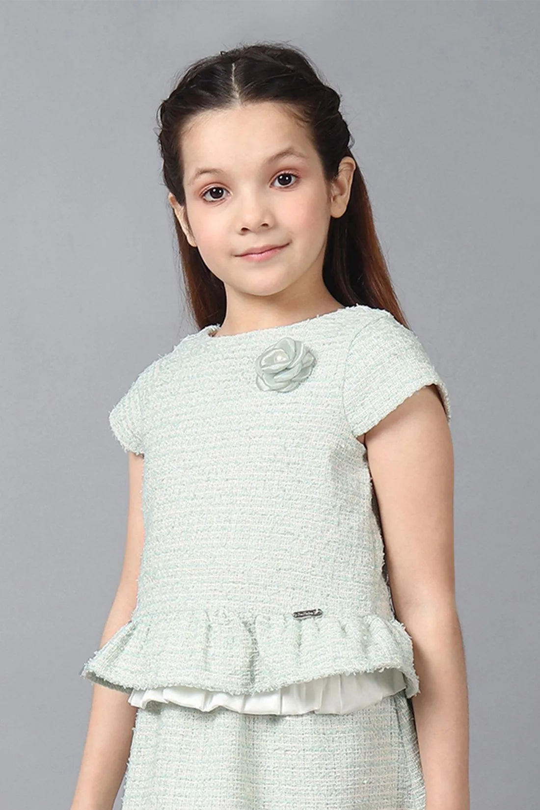 One Friday Kids Girls Green Knitted Round Neck Peplum Top