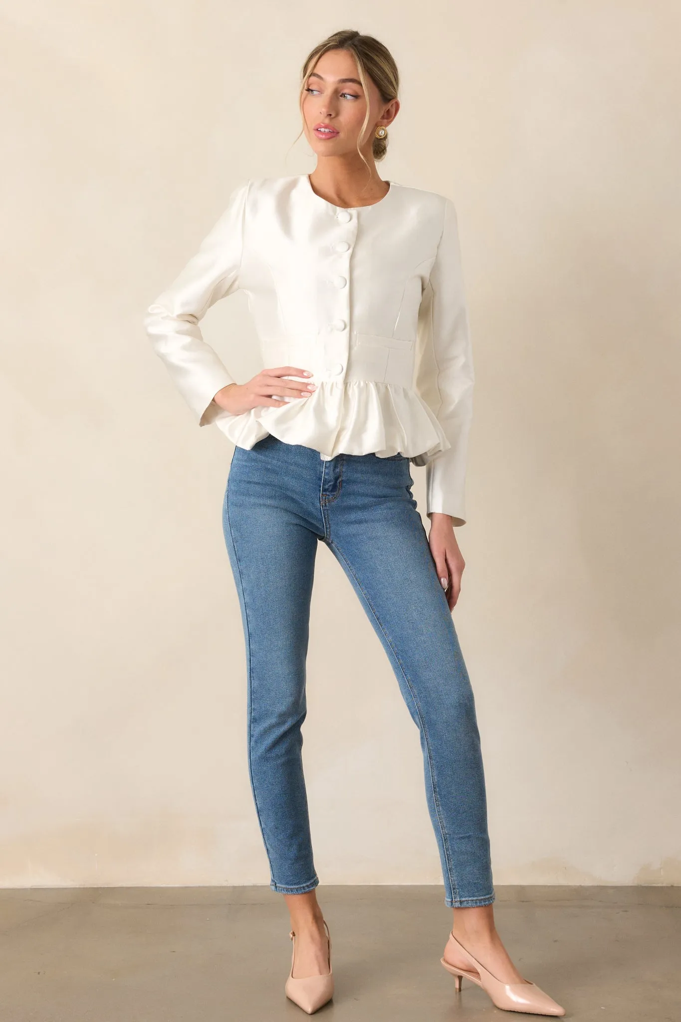 One Step Ahead Ivory Peplum Button Front Top