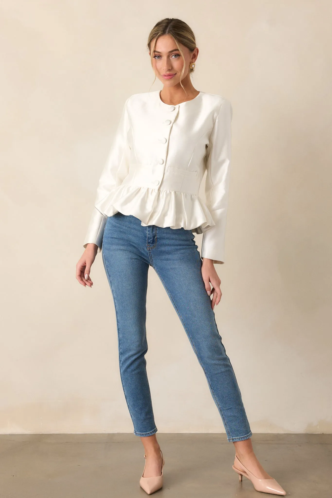 One Step Ahead Ivory Peplum Button Front Top